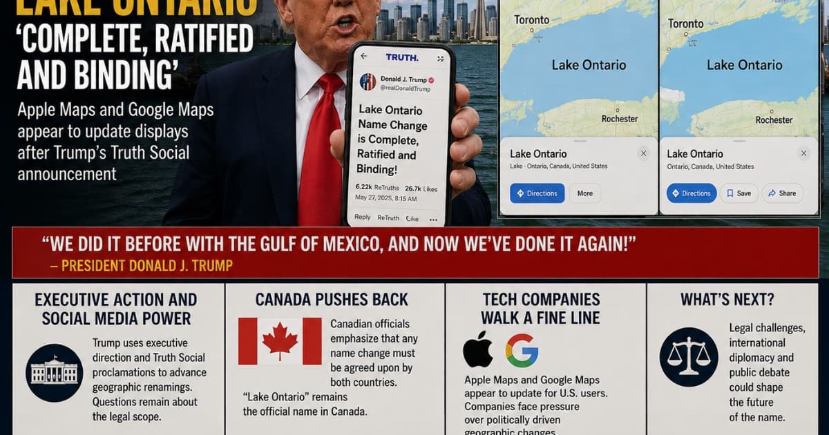 Trump Claims Lake Ontario Renaming Is Done as Apple and Google Maps Update Their Displays