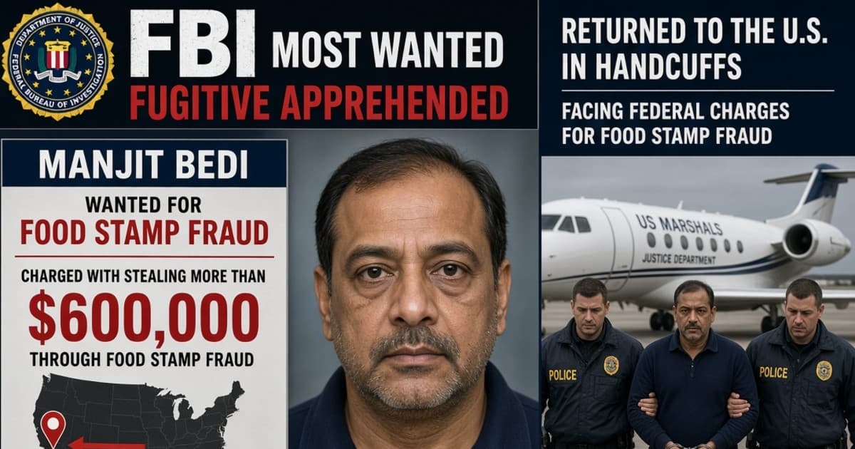 Manjit Bedi was on the FBI Most Wanted list for stealing $600,000 through food stamp fraud before leaving the United States and traveling to India. Law enforcement tracked him down, placed him in custody abroad, and flew him back to the U.S. in handcuffs.
